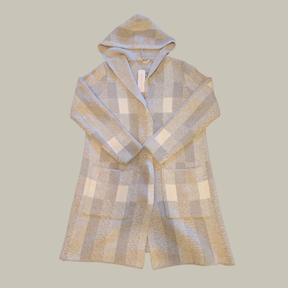 Soft Surroundings First Fall Sweater Coat M Gray Plaid Hooded Cardigan Cozy NWT
